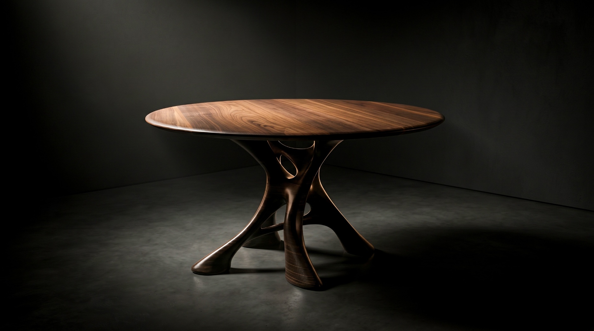 Gaia dining table — round walnut top on sculpted base