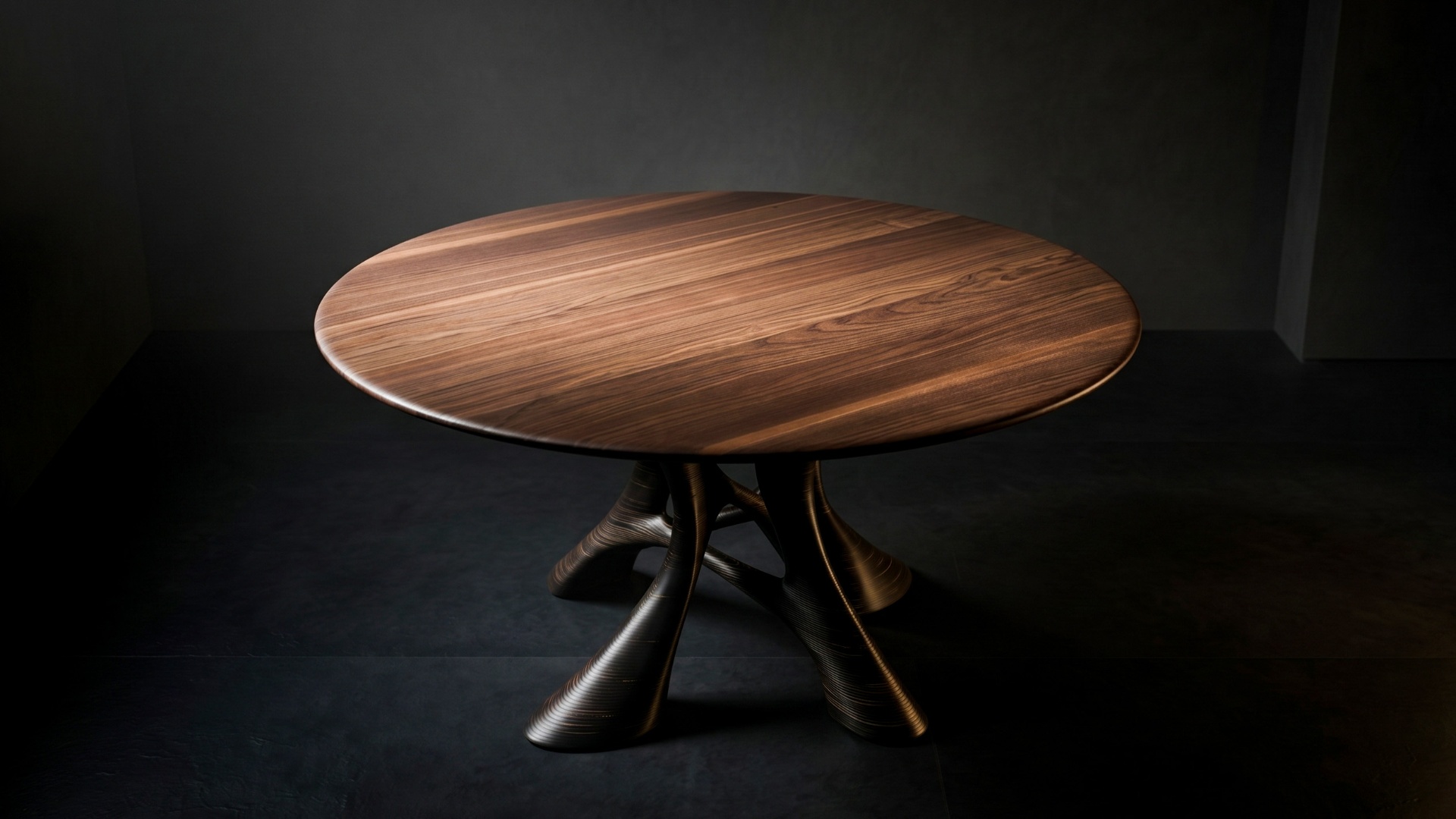 Gaia dining table — round walnut top, low profile