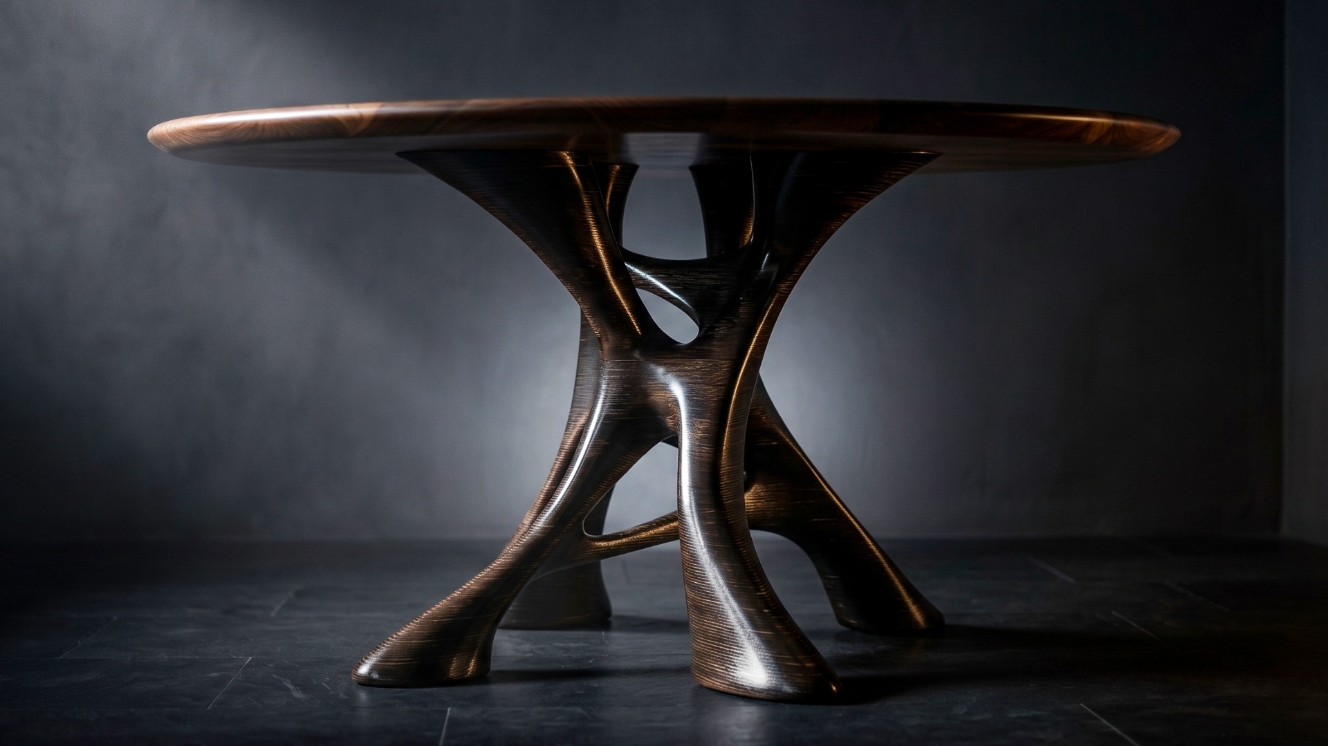 Gaia dining table — sculpted bronze base, profile view